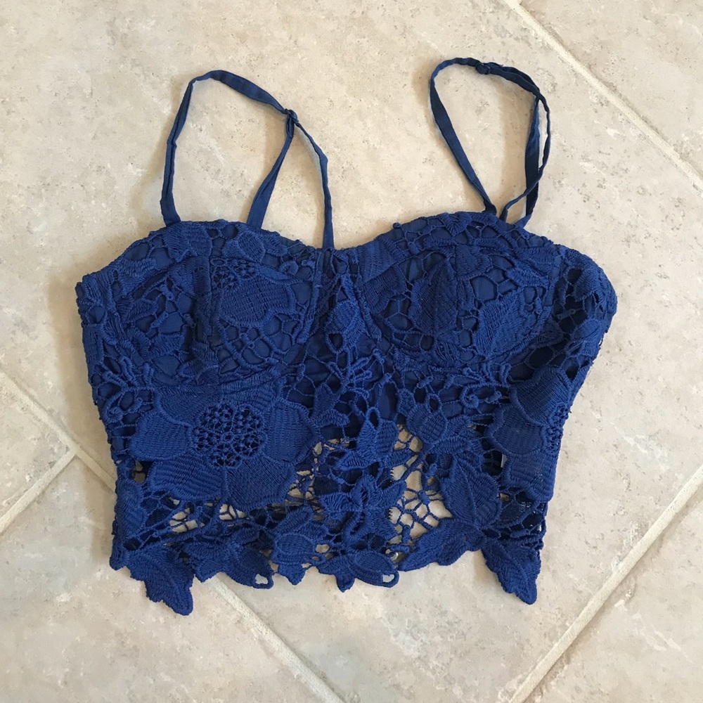 LF Millau Blue Lace Crotchet Crop Top